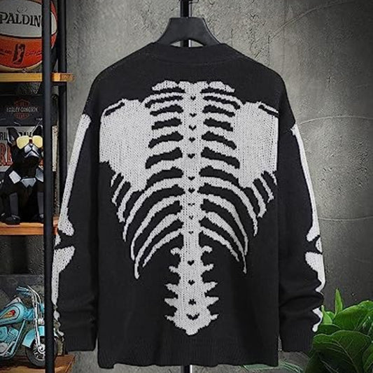 Black Gothic Skeleton Cardigan - Detailed view of a black knitted cardigan with a white Jacquard skeleton pattern, perfect for a stylish, edgy look. Available at Vampyrela in various sizes.