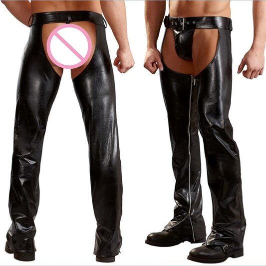 Exotic Gothic Gay fetish Men Sexy Crotch Pole Dance Pants Black Erotic Wetlook Patent Leather Leggings Chaps Add homme