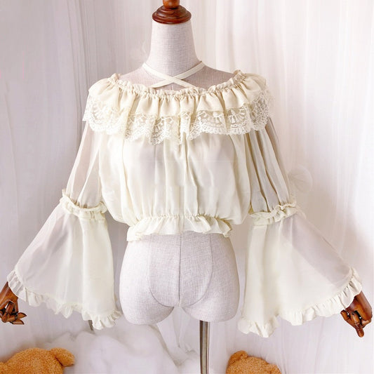 Chiffon Lace Blouse, Short Long-sleeved Lolita Shirt, Lolita Daily Dress With A Soft Girl Bottoming Tube Top