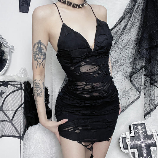 See-through Dark Tatted Style Slim Fit Slit Hip Spaghetti Straps Dress